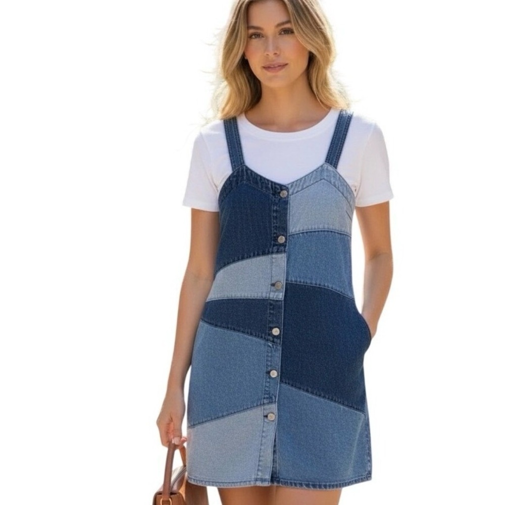 Gap Pieced Patchwork Blue Jean Denim Mini Dress /… - image 2